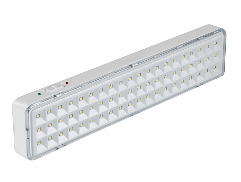 Lámpara de emergencia recargable con 60 LED, carcasa blanca y difusor transparente