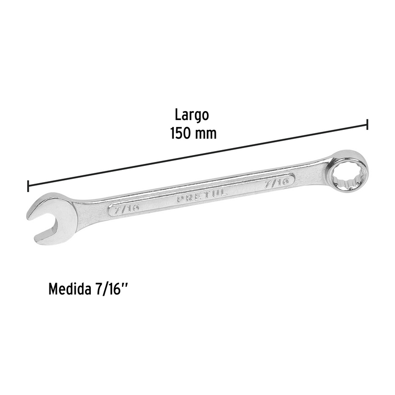 LLAVE COMBINADA 7/16" X 150 mm DE LARGO PRETUL