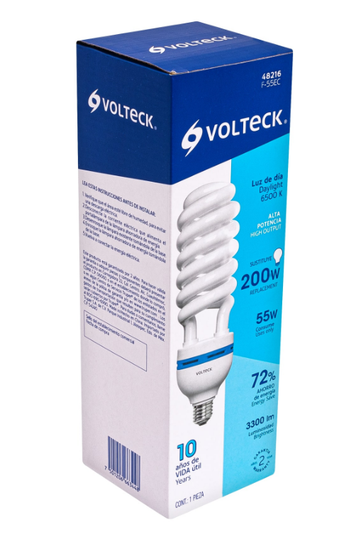 Caja del foco ahorrador Volteck de 55 W, con tubo espiral y base de rosca.