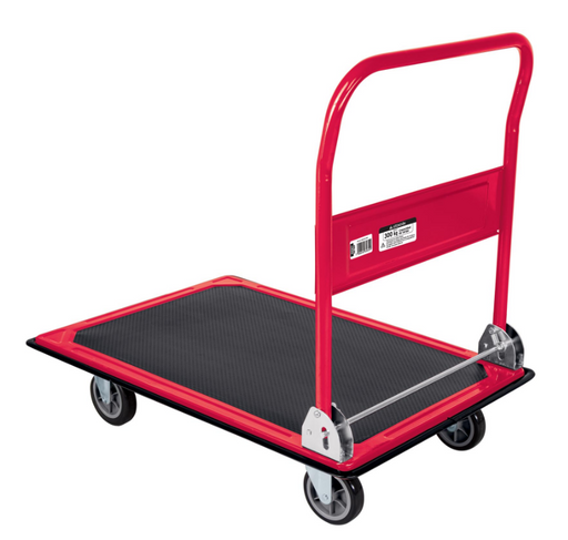 Carro de carga plegable con plataforma roja y cubierta negra, asa alta y 4 ruedas