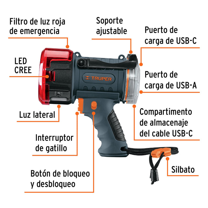 LAMPARA LED 2000 LM RECARGABLE ALTA POTENCIA SPOTLIGHT TRUPER
