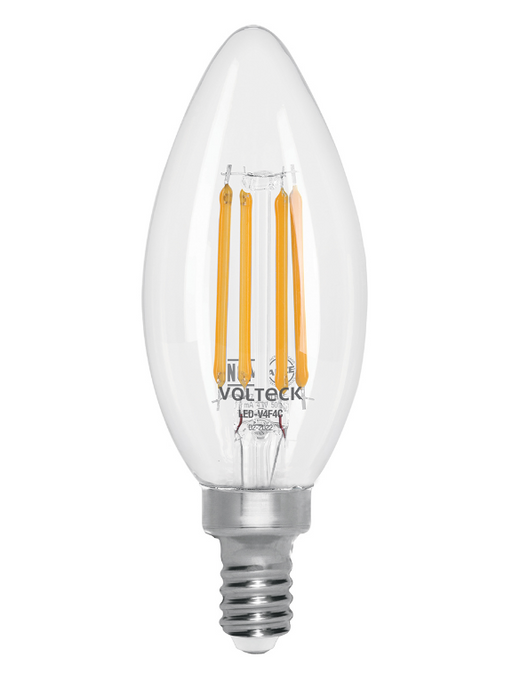 Lámpara LED tipo vela Volteck de 4 W, vidrio transparente, filamento visible y base roscada.