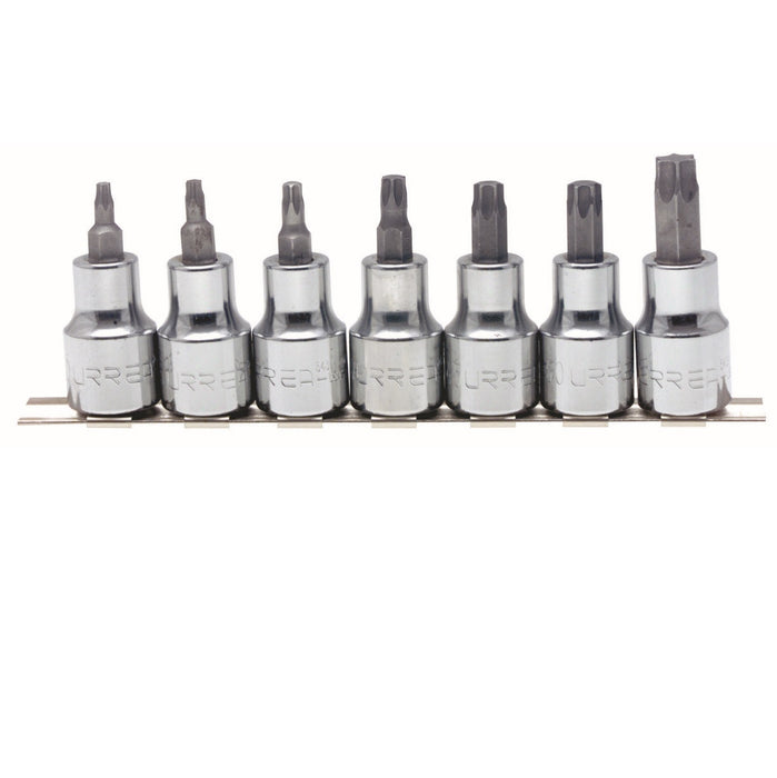 JUEGO DE 7 DADOS PUNTA TORX, CUADRO DE 1/2", EN RIEL Y CLIPS