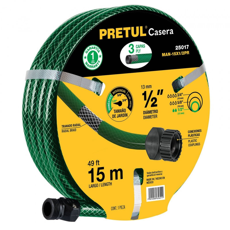 MANGUERA PARA JARDIN 1/2", 15 M, REFORZADA. 3 CAPAS, CONEX. PLASTICAS, "CASERA"