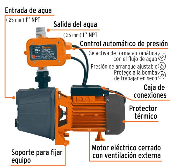 BOMBA ELECTRICA PRESURIZADORA PARA AGUA TRUPER, CAPACIDAD DE 1HP>