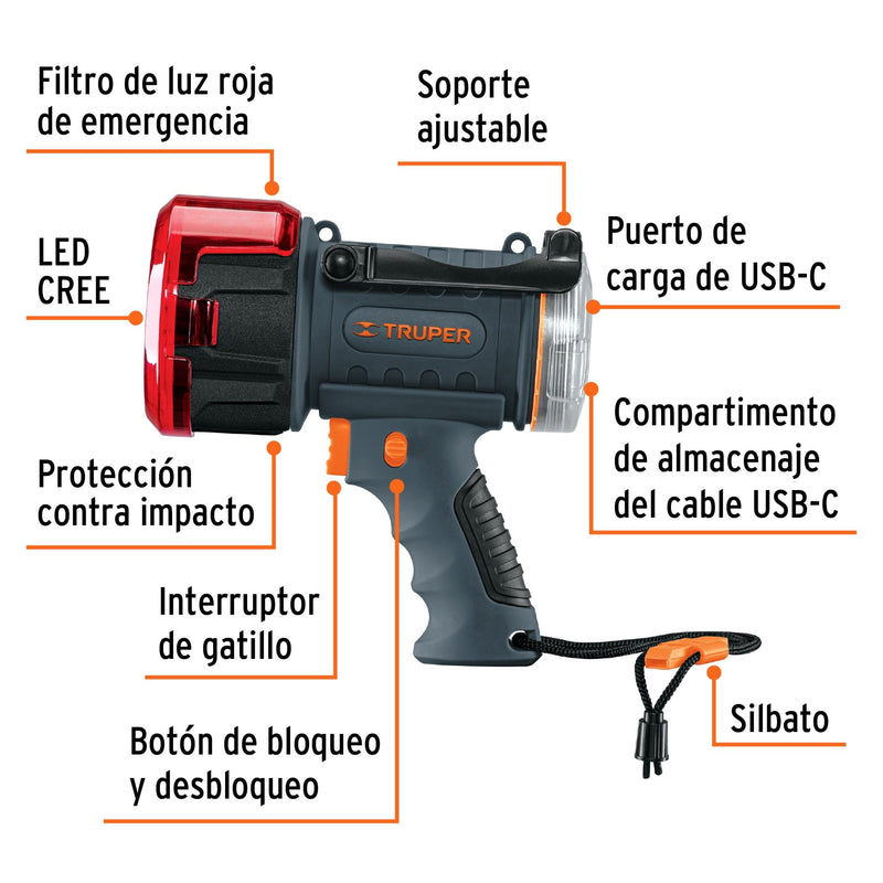 LAMPARA DE LED 900 LM RECARGABLE ALTA POTENCIA, TIPO SPOTLIGHT