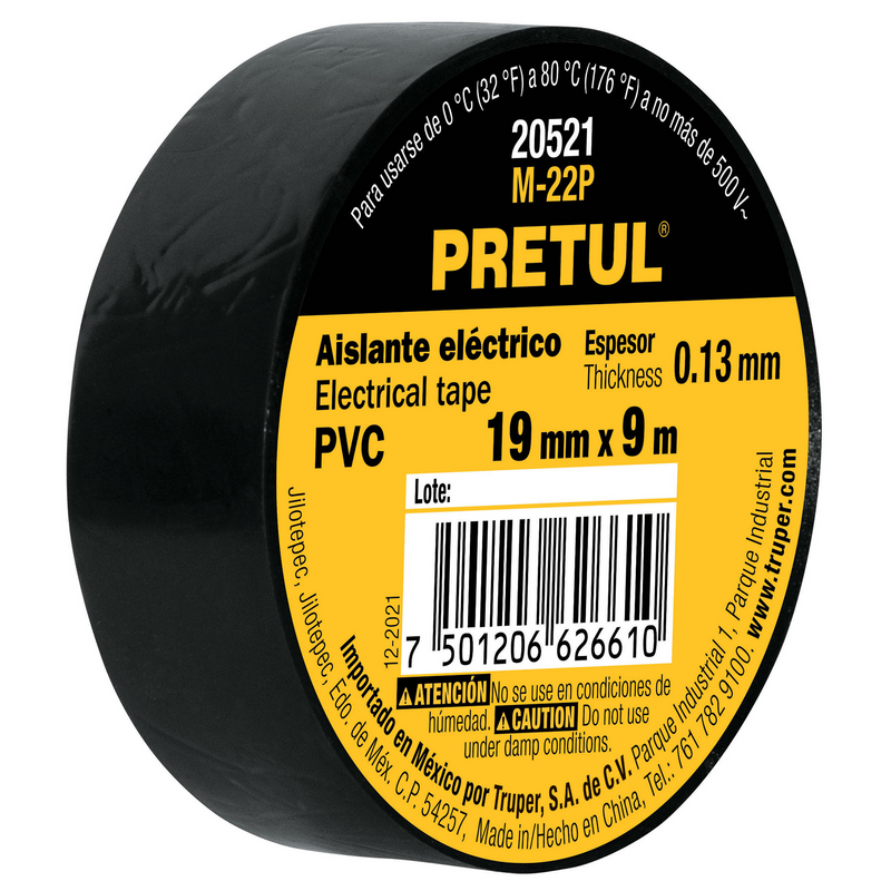 CINTA DE AISLAR 9 M X 19 mm, NEGRA, PRETUL