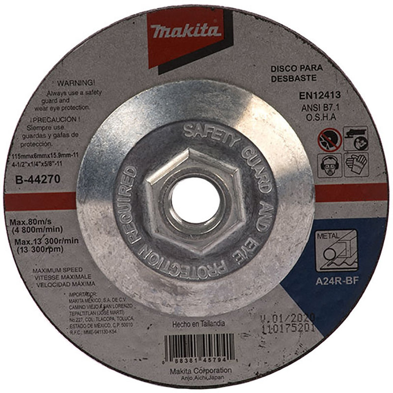 DISCO DE DESBASTE 4-1/2" X 1/4" X 5/8-11H, METAL, MAKITA (C/ADAPTADOR)