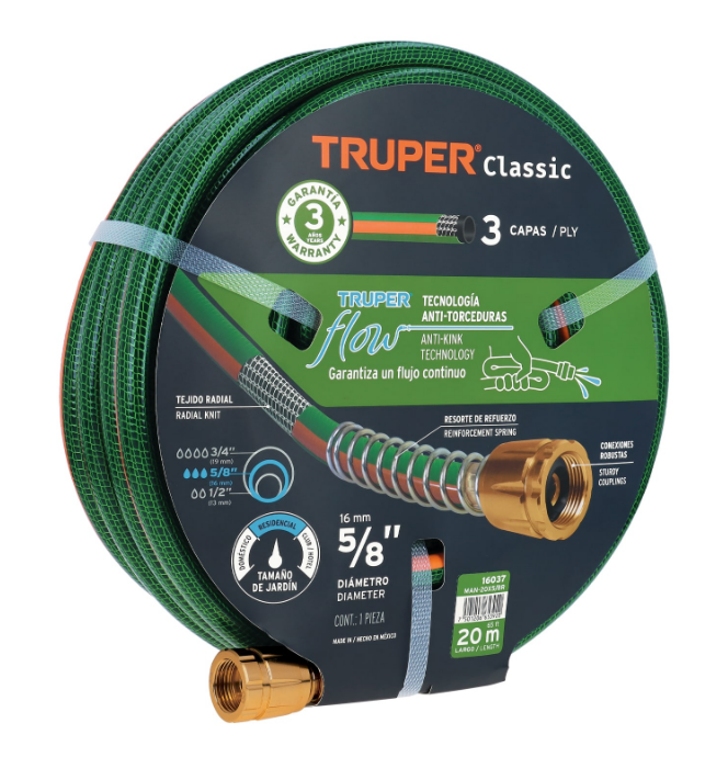 MANGUERA PARA JARDIN 5/8", 20 m, REFORZADA, 3 CAPAS, CONEX. DE LATON, "CLASSIC"