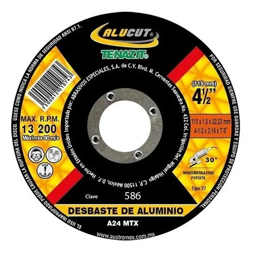 DISCO DE DESBASTE 4-1/2" X 3/16" X 7/8", TIPO 27, ALUM. BRONCE,LATON, ALUCUT®