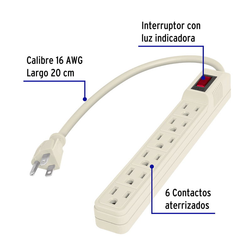 BARRA MULTICONTACTOS 6 TOMAS, CALIBRE 16 AWG, 20CM
