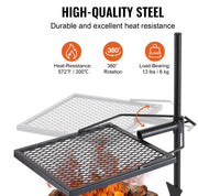 Asador giratorio de acero con rejilla doble y poste vertical