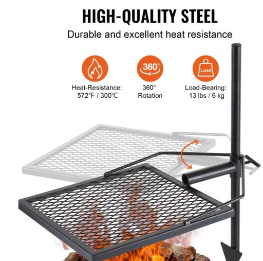 Asador giratorio de acero con rejilla doble y poste vertical