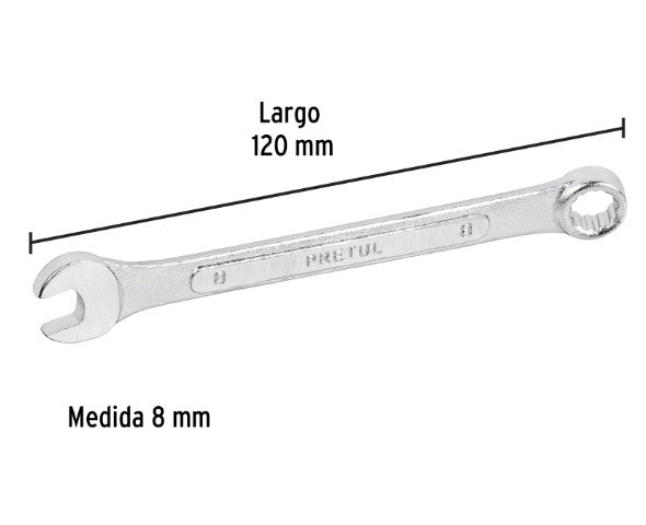 LLAVE COMBINADA MILIMETRICA 8 mm X 120 mm DE LARGO PRETUL