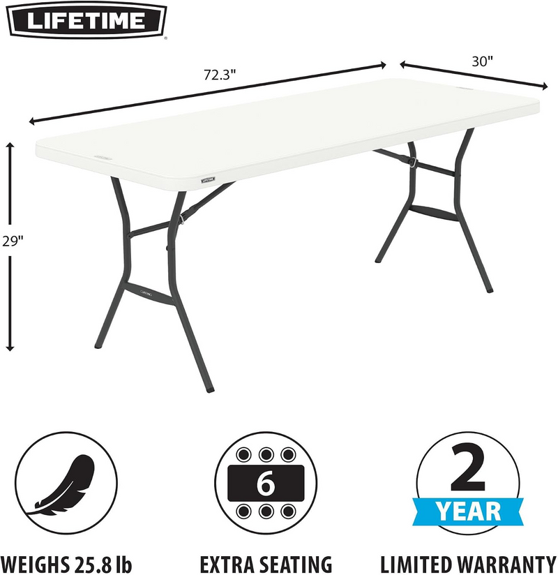 MESA DE PLASTICO 6 FT, PLEGABLE, BLANCA, LIFETIME, SEMI COMERCIAL