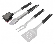 Juego de 4 utensilios para asador: cepillo, pinzas y espátula con mangos negros