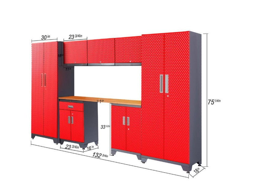 SISTEMA DE GABINETES DE ALMACENAMIENTO PARA GARAJE DE ACERO, 8 PIEZAS, COLOR ROJO