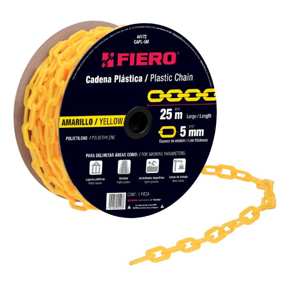 CADENA PLASTICA 5 mm AMARILLA CARRETE DE 25 MTS FIERO