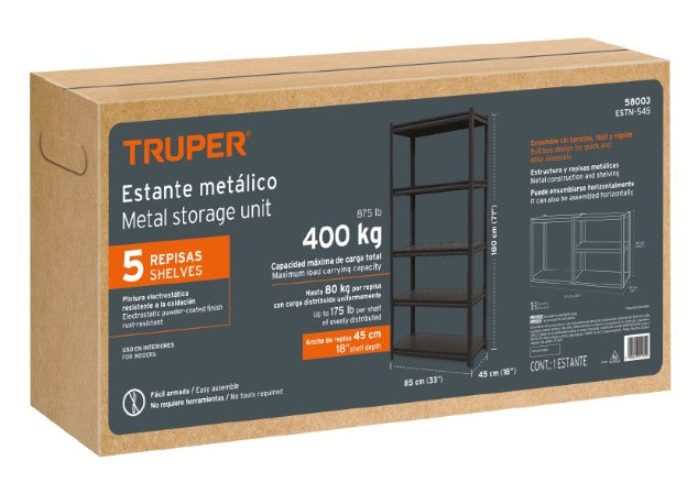 ESTANTE METALICO 5 REPISAS CAPACIDAD 80 KG 180x45x85, TRUPER