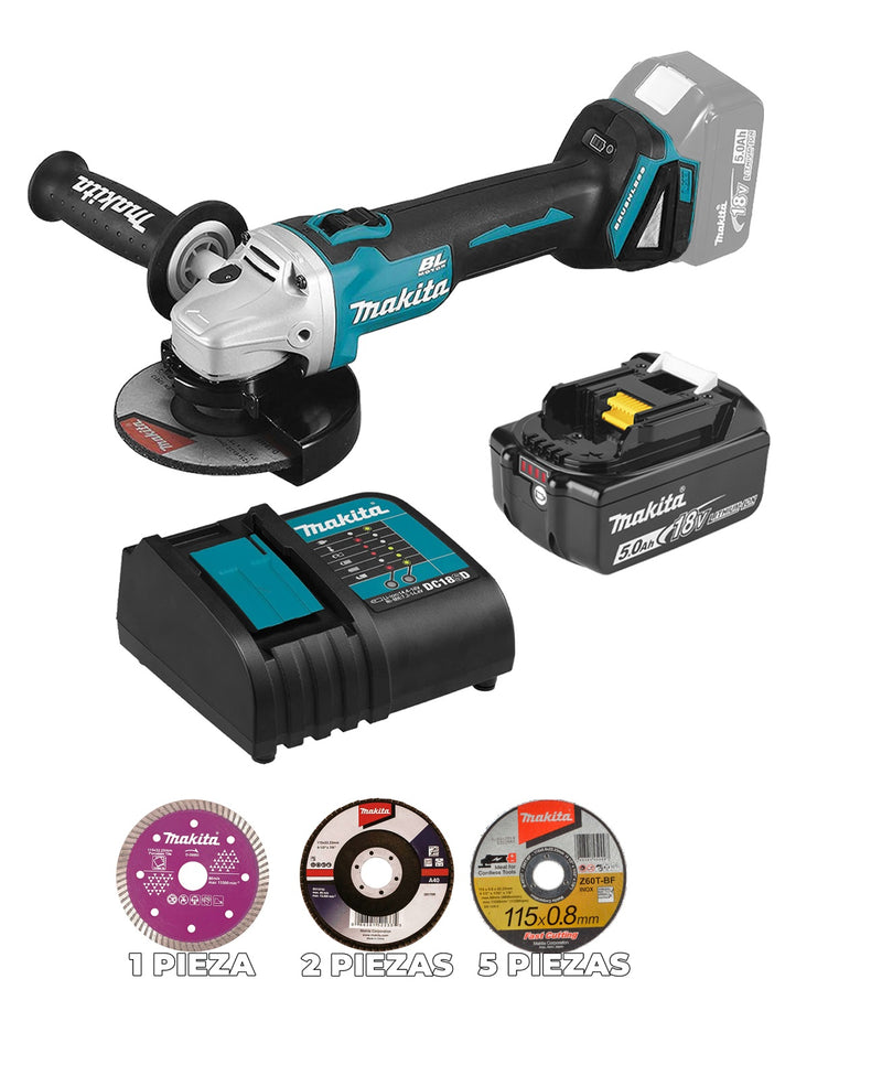 ESMERILADORA ANGULAR DE 4-1/2", 18V LXT, BL, 1 BAT. 5.0Ah, CARGADOR Y DISCOS