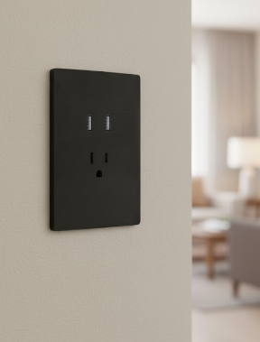 TOMACORRIENTE SENCILLO + PERTO USB DOBLE SANTORINI 127 V / 15 A PLASTICO ABS NEGRO