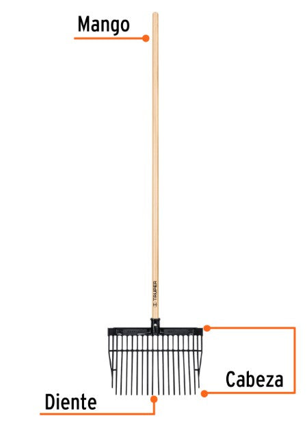 BIELDO CABEZA PLASTICA PARA ESTIERCOL 16 PICOS, MANGO DE 52"