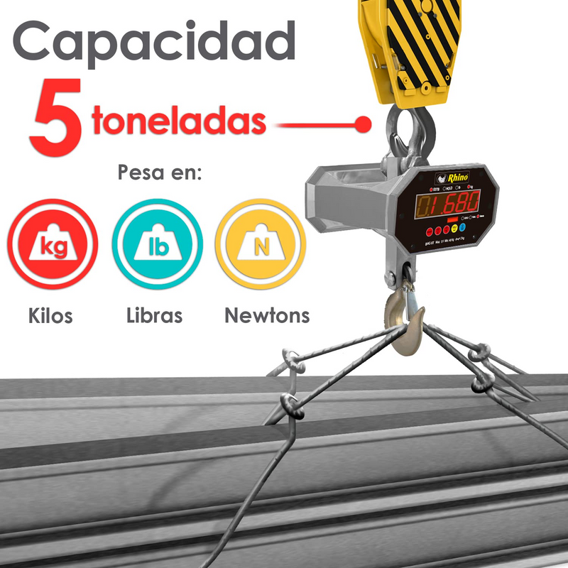 BASCULA DIGITAL COLGANTE RHINO, CAPACIDAD DE 5 TON