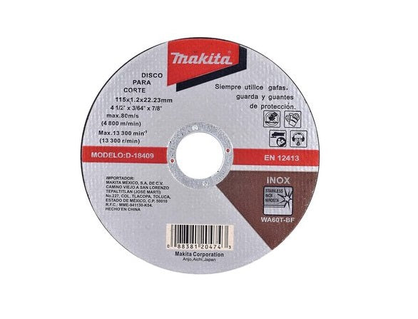 DISCO DE CORTE 4-1/2" X 3/64" X 7/8", INOXIDABLE, MAKITA WA60T-BF