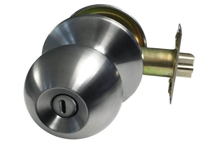 Cerradura tubular con botón de acero inoxidable y acabado metálico, tipo ranura