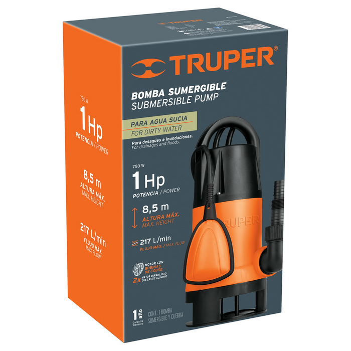 BOMBA SUMERGIBLE PARA AGUA SUCIA, 1.0 HP, 217 L/MIN, CUERPO DE PLASTICO, TRUPER
