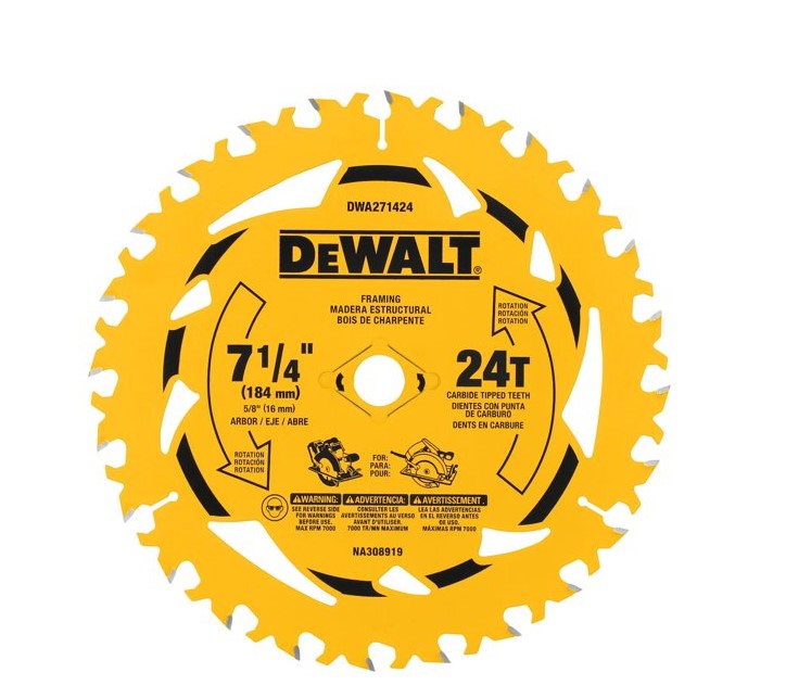 DISCO PARA SIERRA CIRCULAR PUNTA DE CARBURO 7-1/4” X 24 DIENTES FLECHA 5/8” DW27