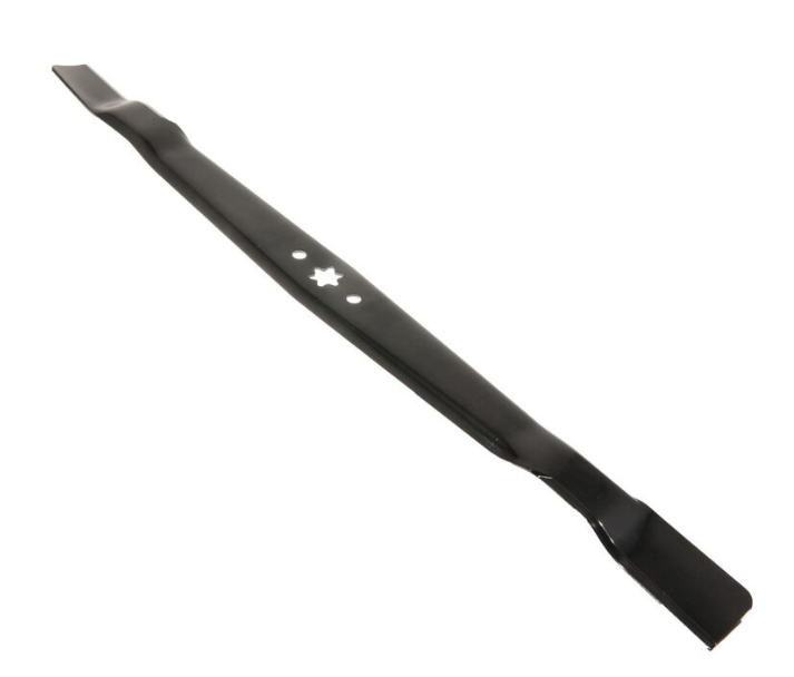 Cuchilla negra para cortacésped de tractor, hoja larga con orificios y estrella visible