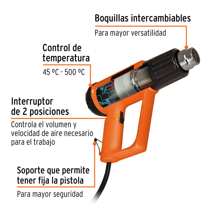 PISTOLA DE CALOR, 2000W CON 4 BOQUILLAS 4/16, PROFESIONAL