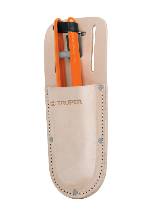 Funda de carnaza para tijeras beige con broche metálico y ranuras laterales