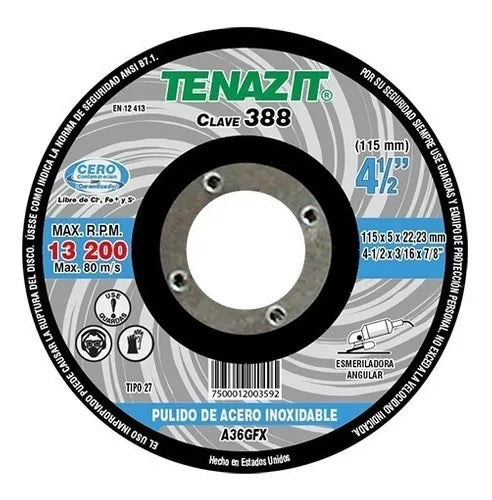 DISCO DE PULIDO 4-1/2" X 3/16" X 7/8", TIPO 27, INOXIDABLE, TENAZIT