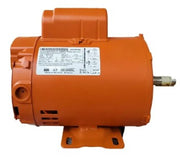 Motor eléctrico naranja, vista lateral con placa de datos y salidas de conexión