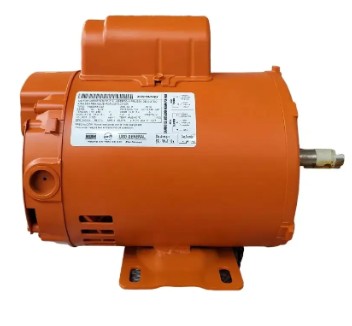 Motor eléctrico naranja, vista lateral con placa de datos y salidas de conexión