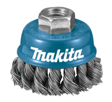 Cepillo de copa de alambre trenzado Makita, base azul y cerdas de acero con rosca