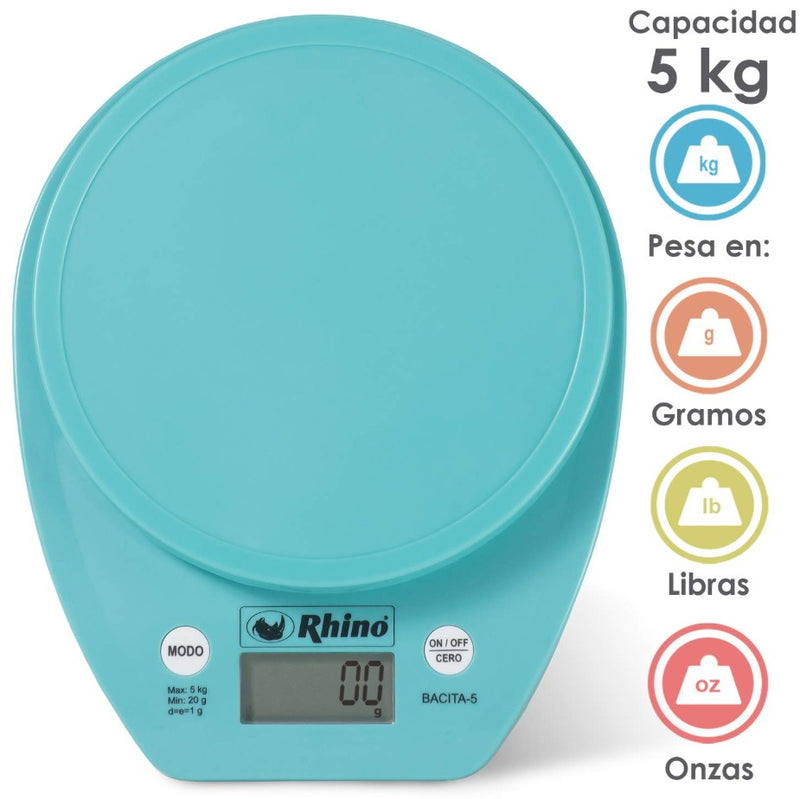 BASCULA DIGITAL DE COCINA RHINO, CAPACIDAD DE 5KG