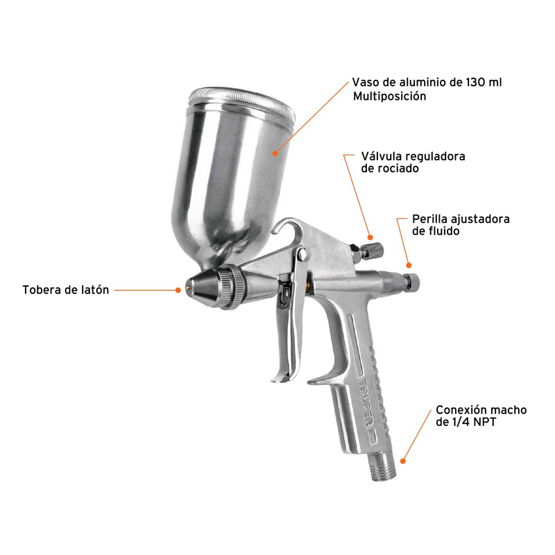 PISTOLA PARA PINTAR, DE GRAVEDAD, COMPACTA, VASO DE ALUMINIO 30 A 45 PSI