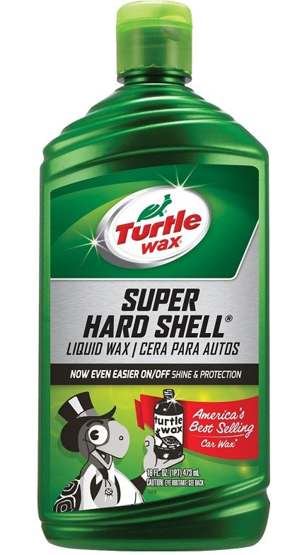 Botella de cera líquida Turtle Wax verde, etiqueta Super Hard Shell y 473 ml