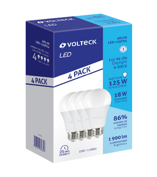 Pack de 4 bombillas LED en empaque, luz blanca fría 6500K, 18W.