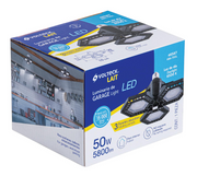 Caja de luminaria LED VOLTECK para garaje, con tres paneles abatibles y base roscada.