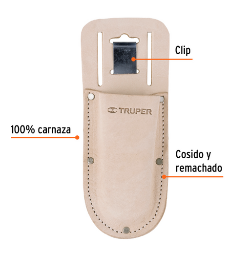 Funda de carnaza TRUPER beige con clip superior y costura remachada