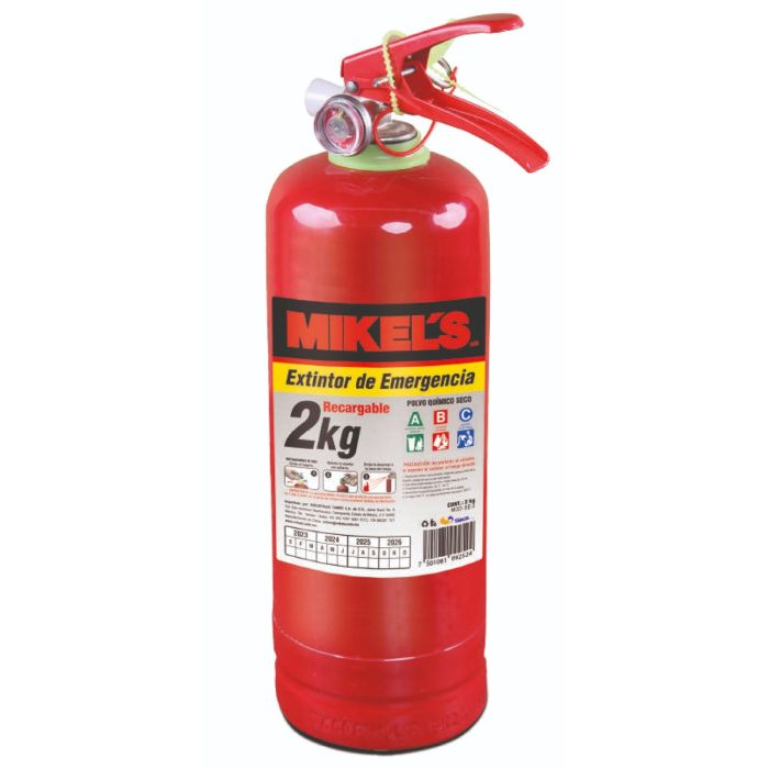 Extintor de emergencia rojo de 2 kg con etiqueta y manguera conectada