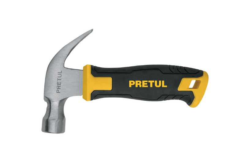 Martillo de uña curva con mango negro y amarillo antideslizante, marca PRETUL