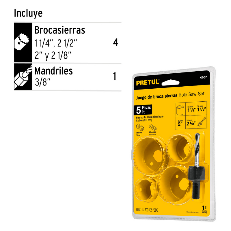 KIT DE 5 SIERRAS CORTACÍRCULOS PARA MADERA, PRETUL