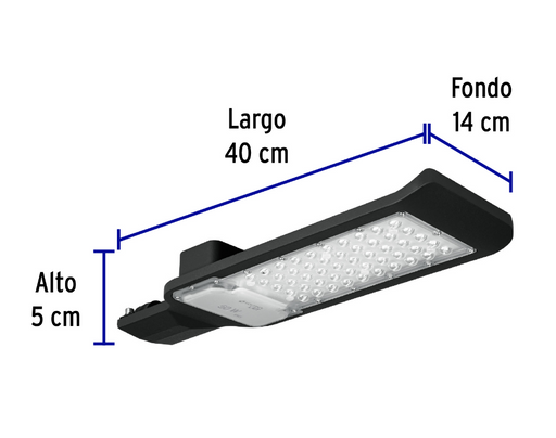Luminario LED plano Volték con medidas: 40 cm largo, 14 cm fondo, 5 cm alto