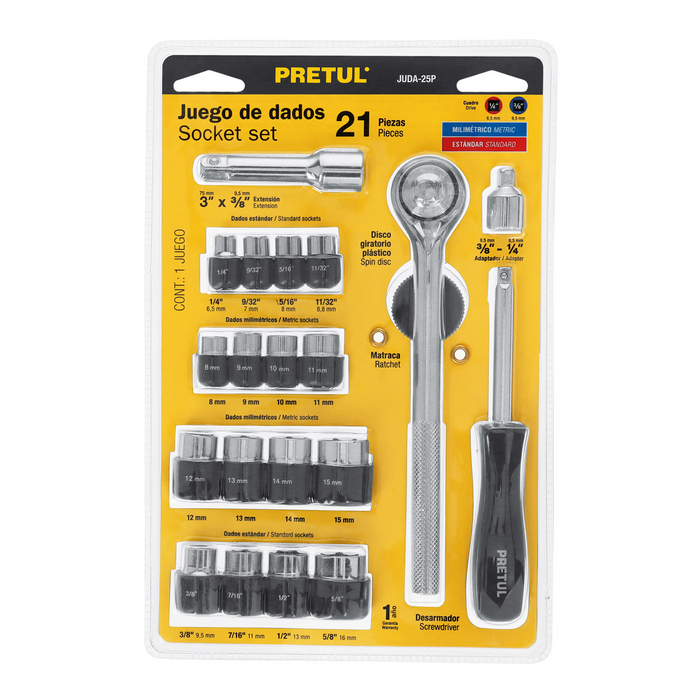 JUEGO DE 25 PZA DADOS CUADRO 1/4" Y 3/8" PRETUL