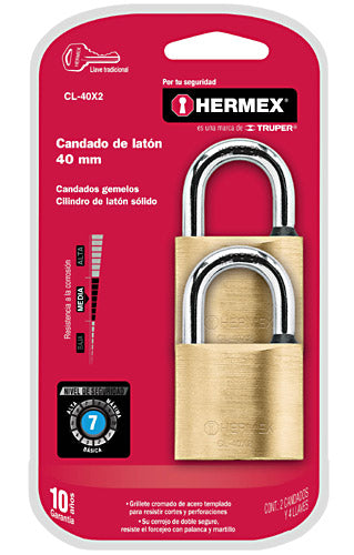 CANDADOS GEMELOS LATON PULIDO,40 mm GANCHO STANDARD